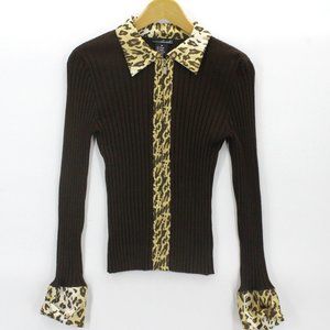 Vintage Will Smith Women's Retro Brown & Leopard Pattern Full Zip Sweater M 90's